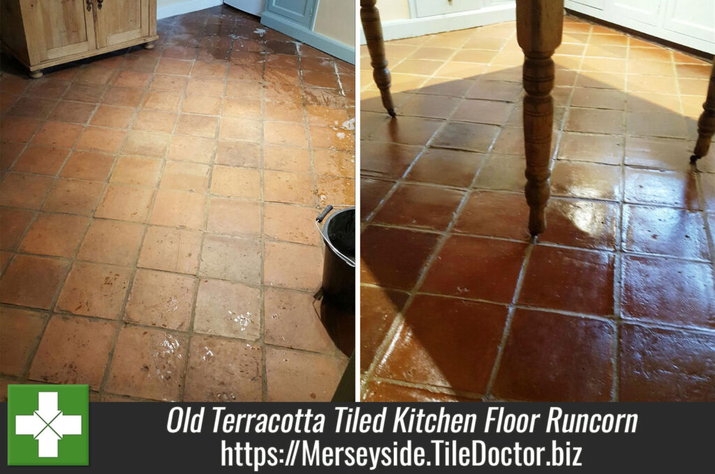 Cleaning an Old Terracotta Tiled Kitchen Floor in Runcorn