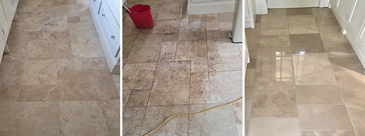 Travertine Tiled Kitchen Floor Cleaned, Filled, Polished and Sealed in Southport